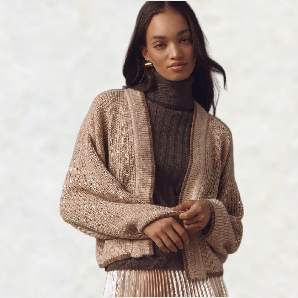 Blank Embellished Open Front Cardigan Cropped Sweater Batwing Sleeve Acorn - S/M